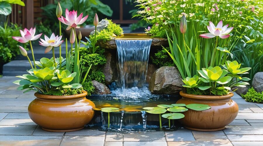 A serene container water garden in a colorful ceramic pot with blooming water lilies, decorative rushes, and a small cascading water feature on a sunlit patio.