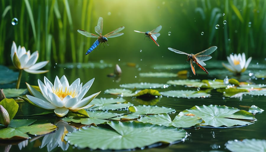 Multiple dragonflies flying above a pond filled with flowering water lilies on a sunny summer day
