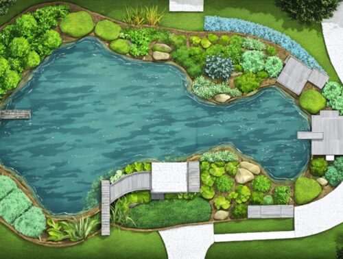 Overhead illustration of a sustainable BMP pond showing labeled features like the inlet, outlet, and vegetation zones, surrounded by native plants in a lush landscape setting.