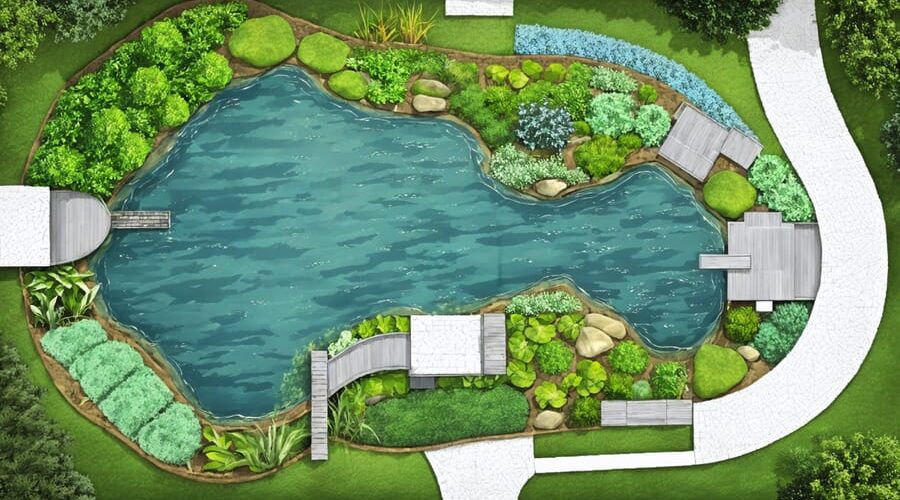 Overhead illustration of a sustainable BMP pond showing labeled features like the inlet, outlet, and vegetation zones, surrounded by native plants in a lush landscape setting.