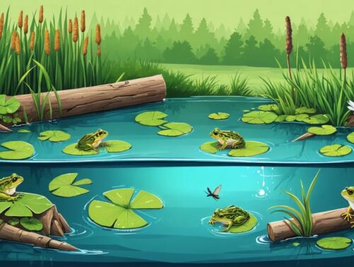 Illustration of a thriving frog pond ecosystem with different water depth zones, native aquatic plants, frogs on lily pads and submerged logs, and dragonflies in a lush surrounding environment.