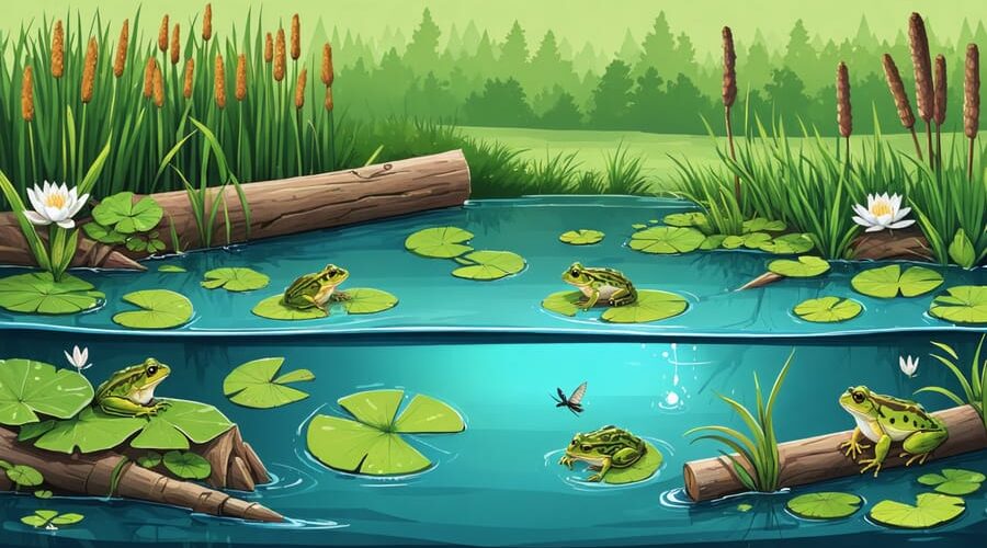 Illustration of a thriving frog pond ecosystem with different water depth zones, native aquatic plants, frogs on lily pads and submerged logs, and dragonflies in a lush surrounding environment.