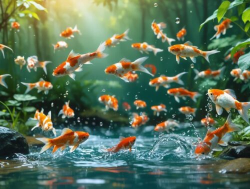 Illustration of a lush koi pond brimming with healthy, energetic koi fish and clear water, demonstrating the positive effects of proper aeration on the aquatic environment.