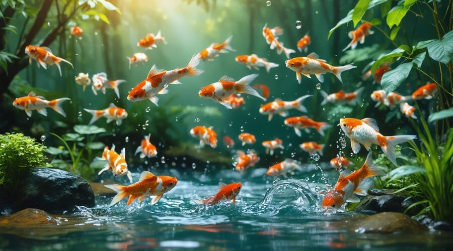 Illustration of a lush koi pond brimming with healthy, energetic koi fish and clear water, demonstrating the positive effects of proper aeration on the aquatic environment.