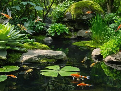 A vibrant pond ecosystem demonstrating rich biodiversity, with different aquatic plants and wildlife, including fish, dragonflies, and frogs interacting in their natural habitat.