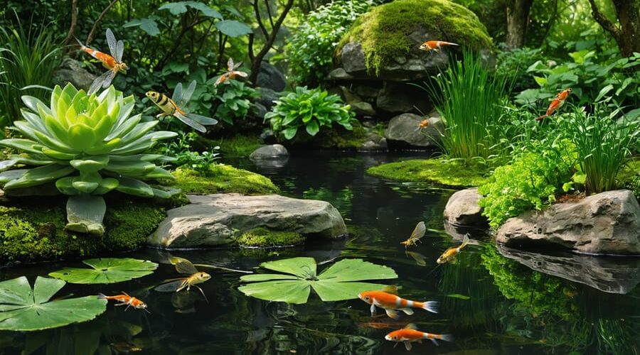 A vibrant pond ecosystem demonstrating rich biodiversity, with different aquatic plants and wildlife, including fish, dragonflies, and frogs interacting in their natural habitat.