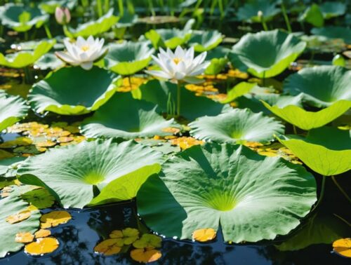 A flourishing pond with water lilies and various aquatic plants under the sun, demonstrating a balanced ecosystem with manageable amounts of yellow-green algae visible in the water.
