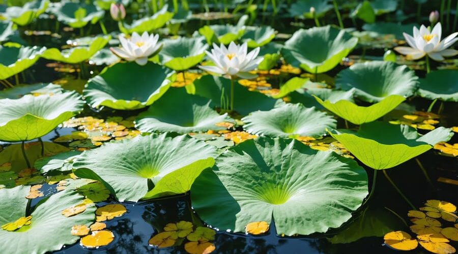 A flourishing pond with water lilies and various aquatic plants under the sun, demonstrating a balanced ecosystem with manageable amounts of yellow-green algae visible in the water.