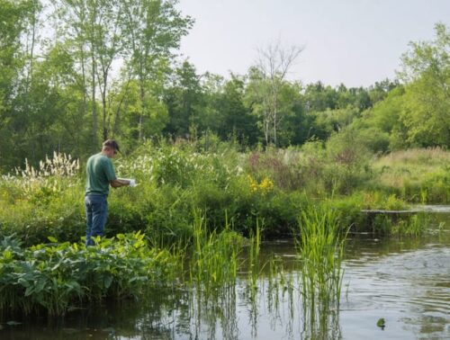 Riparian ecologist examining a vibrant pond edge with diverse native vegetation, including rushes, sedges, and flowering plants, illustrating ecosystem interactions and water filtration.