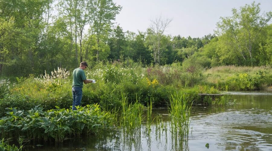 Riparian ecologist examining a vibrant pond edge with diverse native vegetation, including rushes, sedges, and flowering plants, illustrating ecosystem interactions and water filtration.