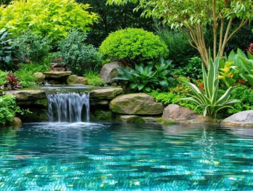 A picturesque water garden with healthy, vibrant aquatic plants and clear water, symbolizing the successful management of hard water issues.