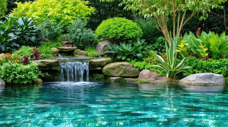 A picturesque water garden with healthy, vibrant aquatic plants and clear water, symbolizing the successful management of hard water issues.