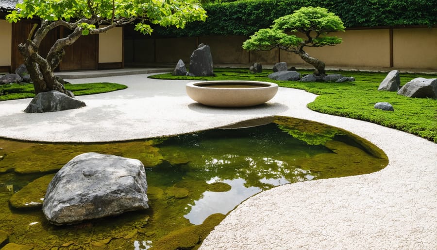 Traditional Japanese water garden featuring a stone tsukubai and peaceful pond surrounded by moss