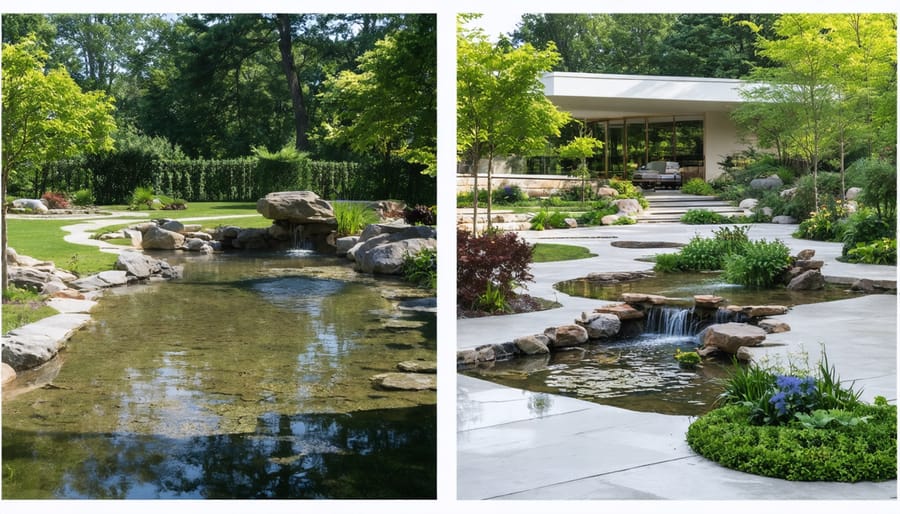 Side-by-side comparison of digital water garden design and finished garden