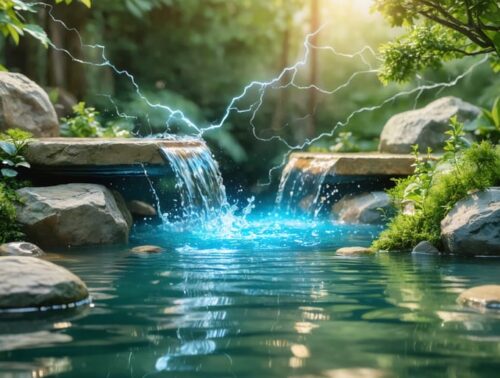 A water garden with secure electrical safety measures, including a grounding rod, GFCI outlets, and protected electrical connections, demonstrating safe coexistence of water and electricity.
