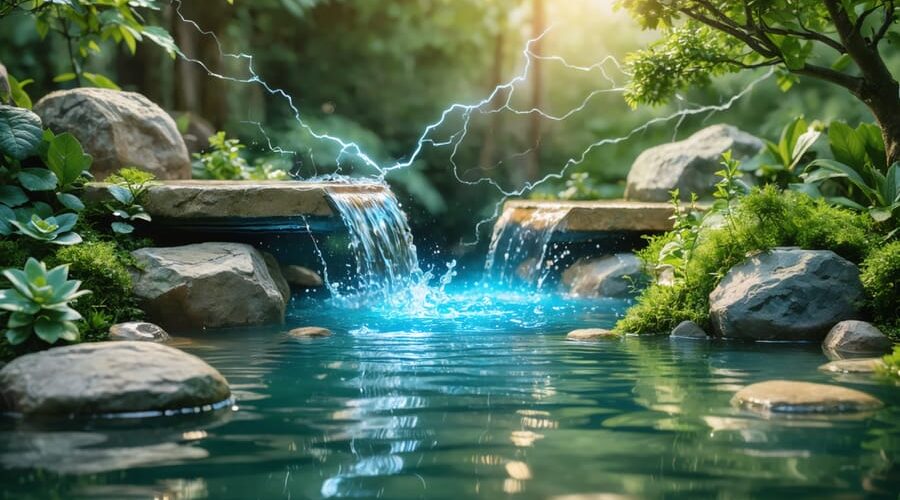 A water garden with secure electrical safety measures, including a grounding rod, GFCI outlets, and protected electrical connections, demonstrating safe coexistence of water and electricity.