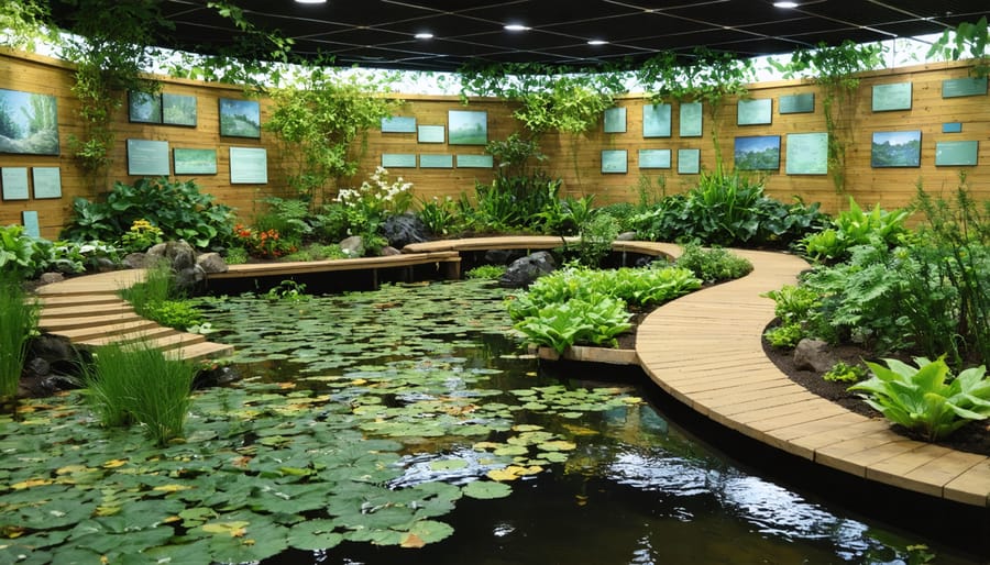 Educational water garden layout showing different zones for plant identification and study