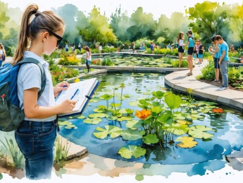 An educational water garden featuring distinct plant identification zones with visitors actively engaging in learning, using tools like magnifying glasses and notebooks, with clear signage and educational panels visible throughout the garden.