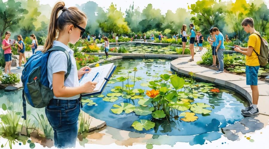An educational water garden featuring distinct plant identification zones with visitors actively engaging in learning, using tools like magnifying glasses and notebooks, with clear signage and educational panels visible throughout the garden.
