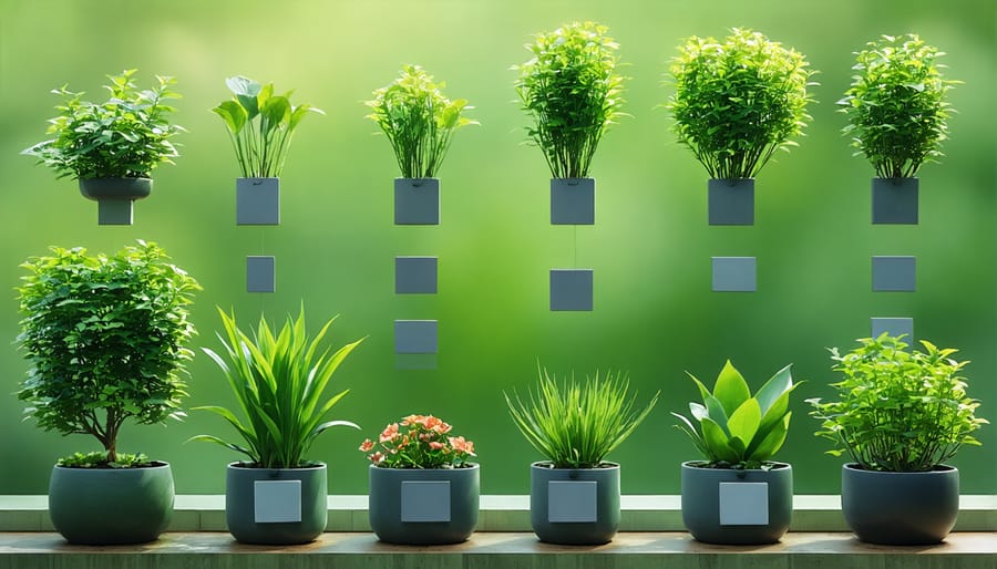 Collection of recommended water garden plants with identification labels