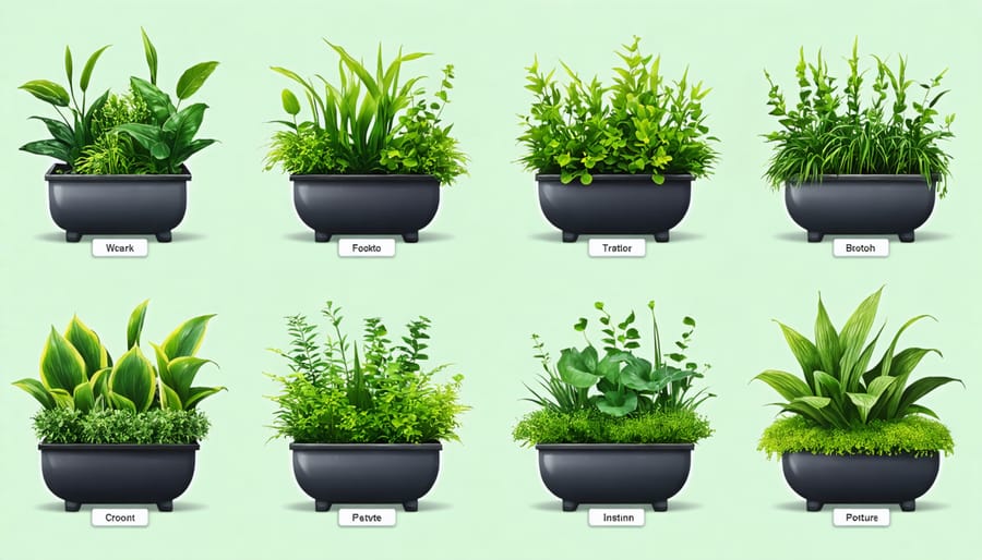 Collection of recommended water garden plants with identification labels