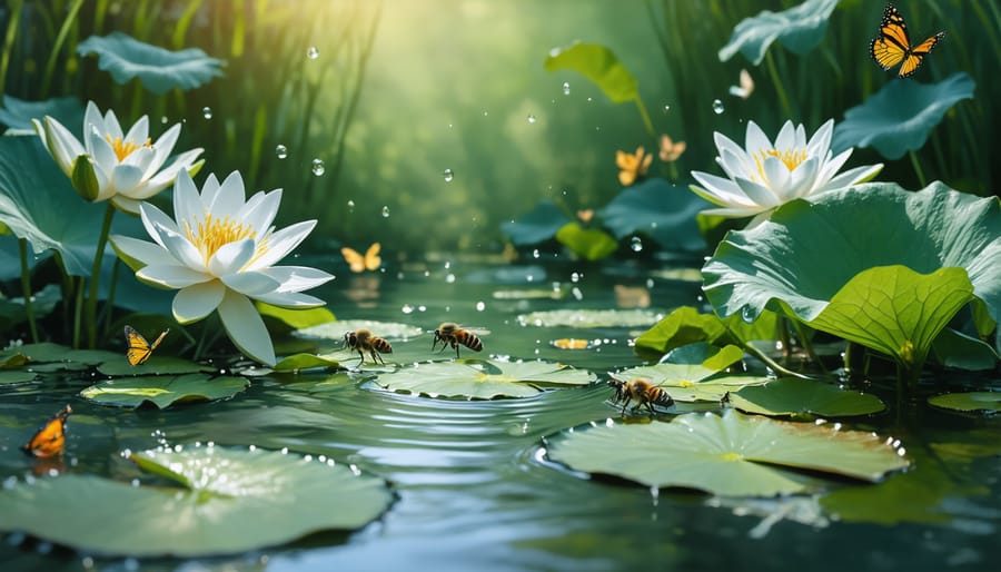 Diverse pollinators interacting with flowering water garden plants