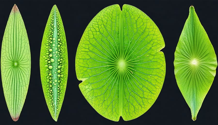 Side-by-side comparison of water lily varieties showing distinct leaf patterns and flower anatomy