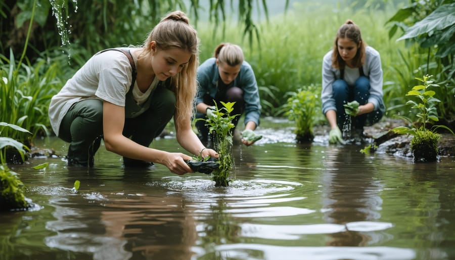 Group of visitors participating in water quality testing workshop using aquatic plants