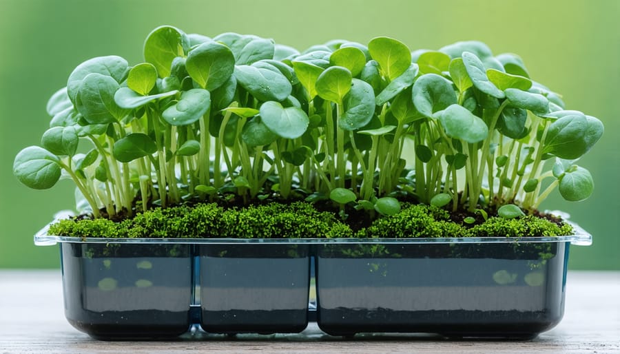 Hands placing watercress seedlings into floating pond containers