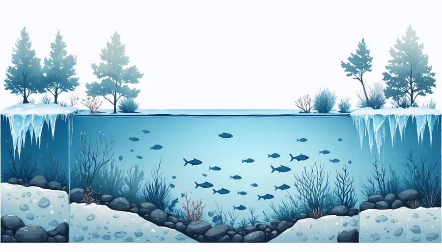 Diagram showing various fish, amphibians, and insects surviving under frozen pond surface