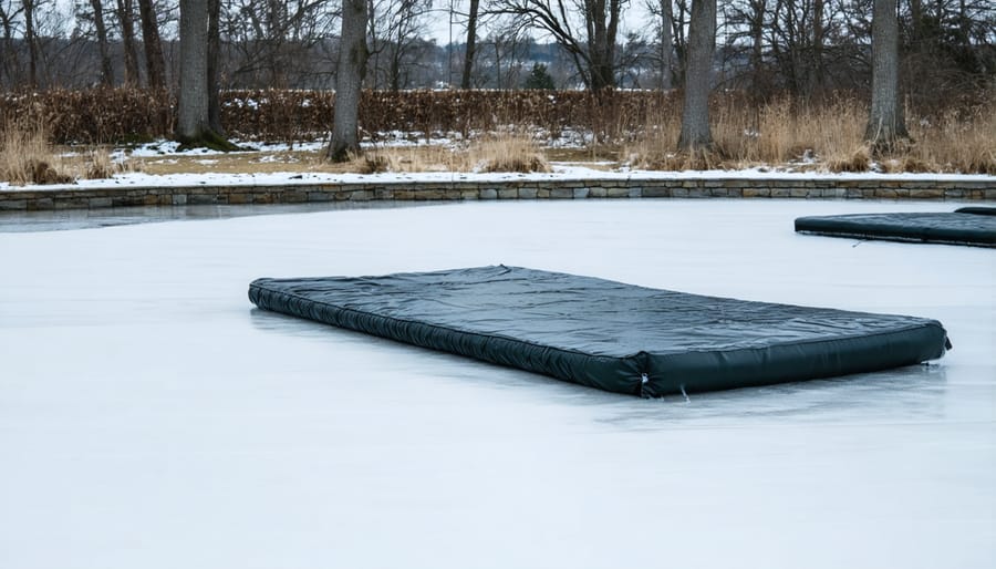 Pond in winter with installed de-icer and protective covering for fish