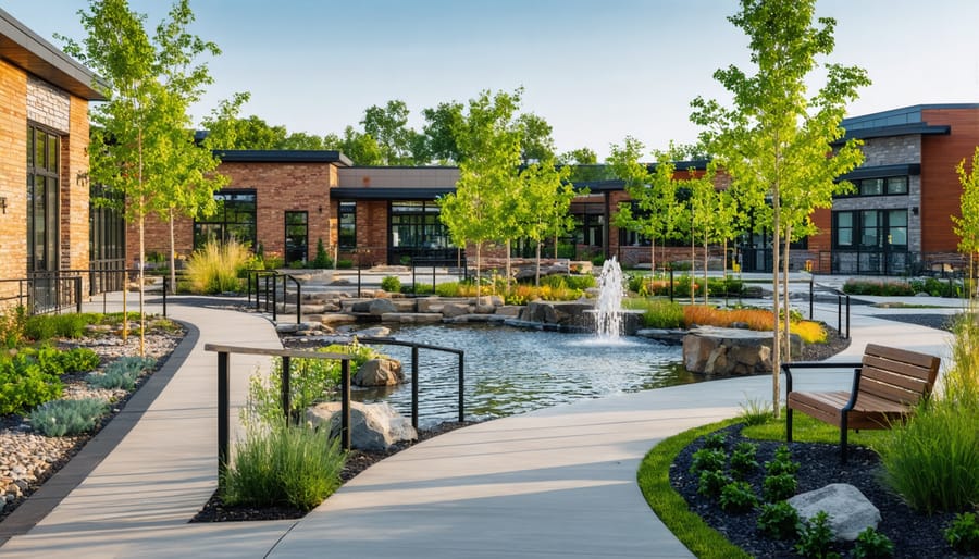 Accessible community water garden with safety features and universal design elements