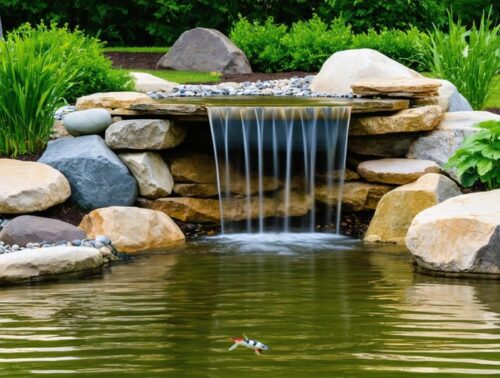 A tranquil backyard pond featuring natural stone edging, a gentle waterfall, and an array of aquatic plants, creating a serene and integrated landscape.