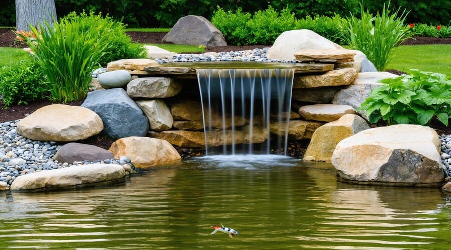 A tranquil backyard pond featuring natural stone edging, a gentle waterfall, and an array of aquatic plants, creating a serene and integrated landscape.
