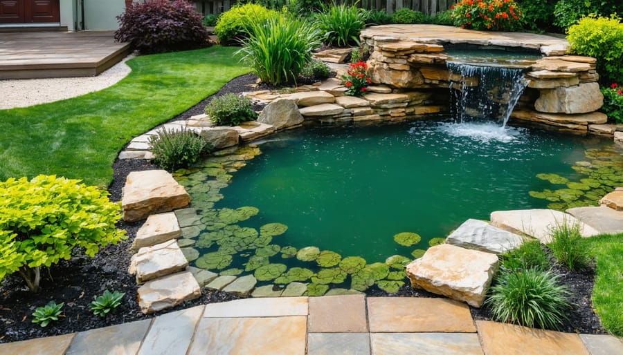 Overhead view of a garden pond featuring natural stonework, waterfall, and surrounding landscaping