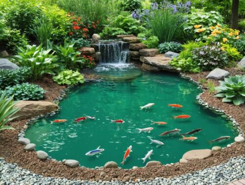 Artistic rendering of a serene pond showcasing layered sediments storing carbon, diverse aquatic plants, and vibrant fish representing a balanced ecosystem.