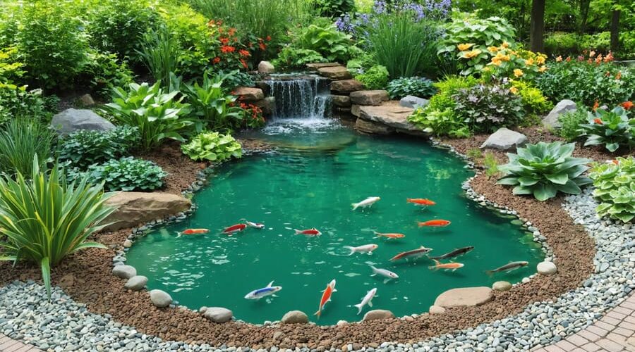 Artistic rendering of a serene pond showcasing layered sediments storing carbon, diverse aquatic plants, and vibrant fish representing a balanced ecosystem.