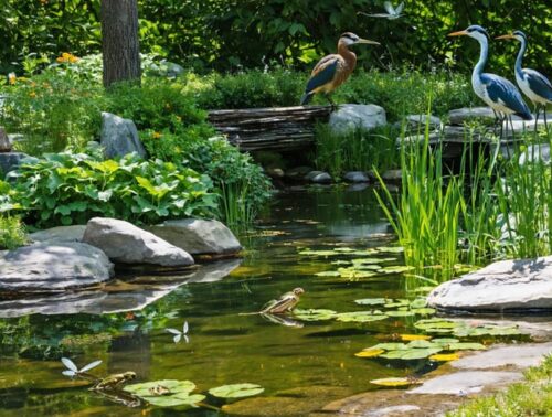 A picturesque backyard wildlife pond surrounded by lush plants, dragonflies hovering above the surface, frogs basking on rocks, and native birds in nearby trees, illustrating a thriving natural ecosystem.