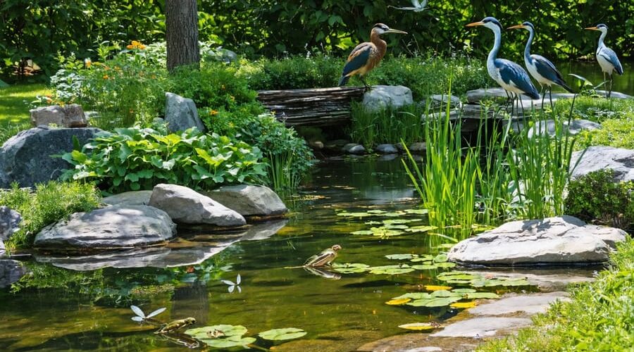 A picturesque backyard wildlife pond surrounded by lush plants, dragonflies hovering above the surface, frogs basking on rocks, and native birds in nearby trees, illustrating a thriving natural ecosystem.