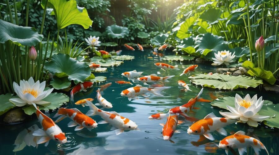 A harmonious pond scene with koi and goldfish swimming alongside water lilies and lotus plants, illustrating a balanced aquatic ecosystem.
