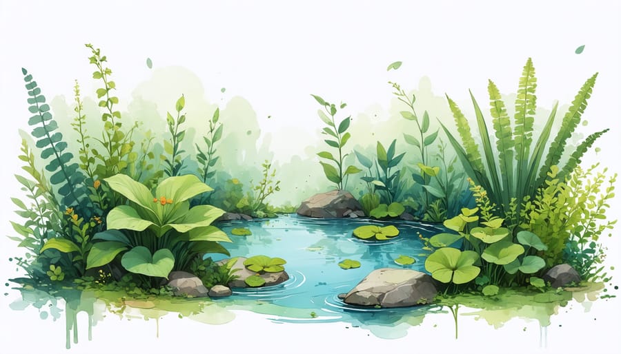 Illustrated guide of recommended aquatic plants for preventing algae growth in ponds