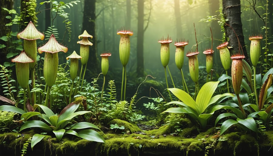 Close-up of colorful pitcher plants and sundews growing in moist bog conditions