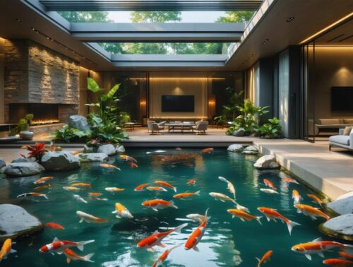 Luxurious living room featuring a modern indoor pond with colorful koi fish swimming below a skylight, surrounded by natural stones, aquatic plants, and ambient lighting creating a tranquil atmosphere.