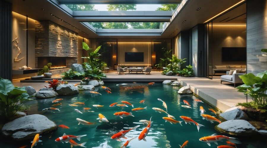 Luxurious living room featuring a modern indoor pond with colorful koi fish swimming below a skylight, surrounded by natural stones, aquatic plants, and ambient lighting creating a tranquil atmosphere.