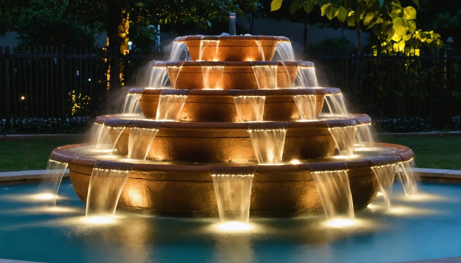 Illuminated cascading pot fountain with water flowing between three lit terracotta pots at night