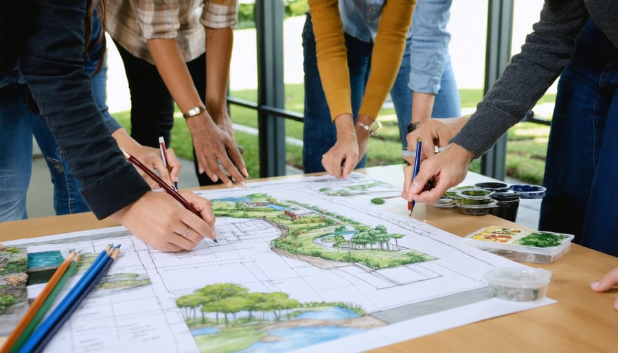 Community workshop participants collaborating on water garden design plans