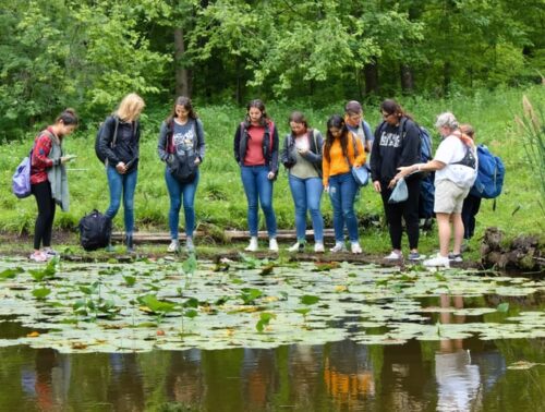 A diverse group of local residents and a wildlife expert collaboratively studying natural deterrent methods and animal tracks around a pond. The scene highlights community involvement in pond predator management.