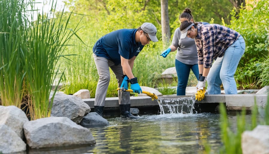 Group of volunteers maintaining a community water garden with organized schedule display