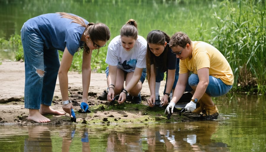 Local residents collaboratively studying pond predator evidence during a monitoring session