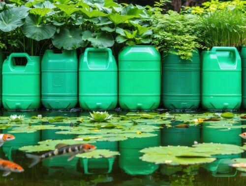 Community water garden created from repurposed 5-gallon jugs, showcasing vibrant water plants and small fish within tranquil, sustainable ecosystems.